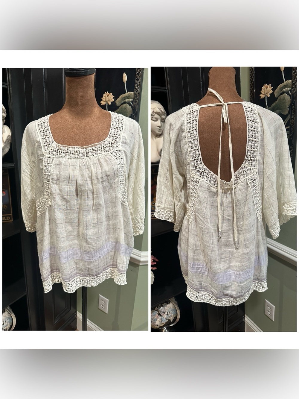 Anthropologie Holding Horses Shani Peasant Blouse Cream Ivory Lace Trim Plaid Te